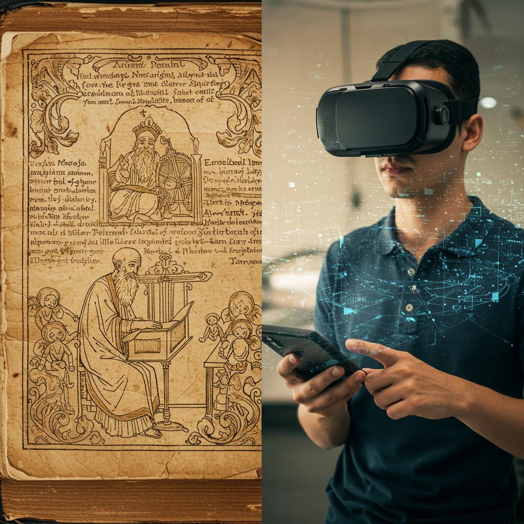고대 양피지 문헌과 현대 VR 기술이 대비된 장면