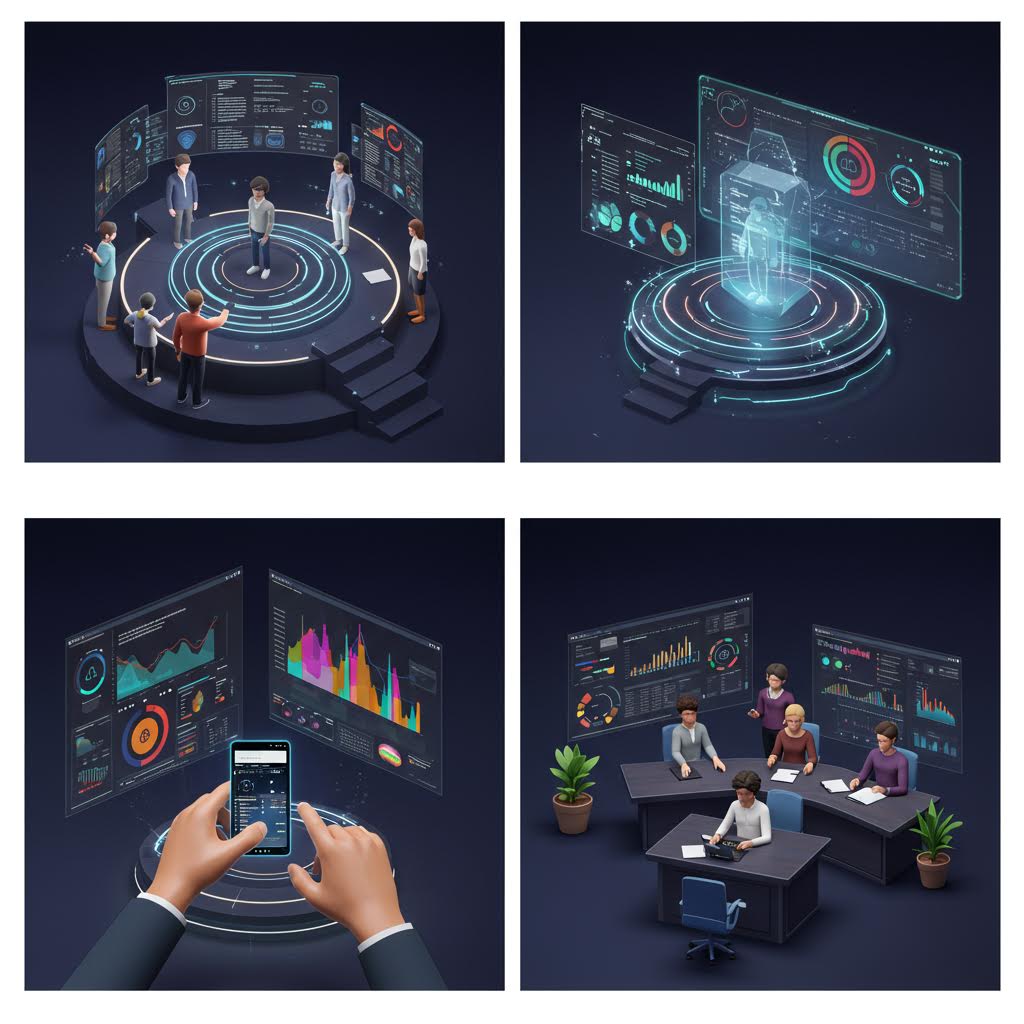 4개의 미래형 홀로그램 인터페이스 이미지 그리드. 원형 플랫폼과 디지털 스크린들이 어두운 배경에 청록색으로 빛나며, 손이 조작하거나 사람들이 회의하는 장면 등 미래의 디지털 상호작용을 보여주고 있다.