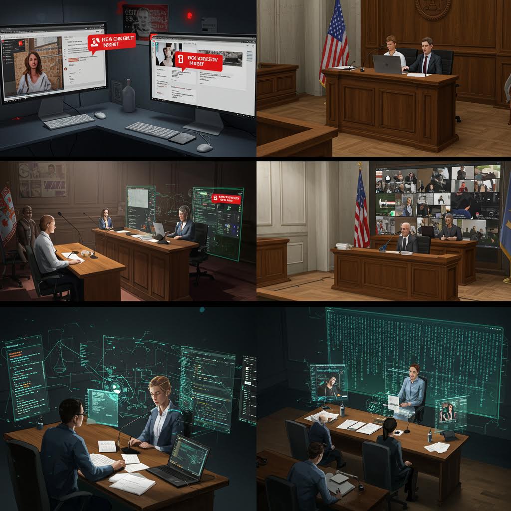 6개의 법정이나 공식 회의 장면 이미지 그리드. 법정 내부, 판사석, 변호인과 의뢰인의 상담, 코드가 표시된 화면 등 법률과 디지털 기술이 결합된 다양한 장면들이 담겨 있다.