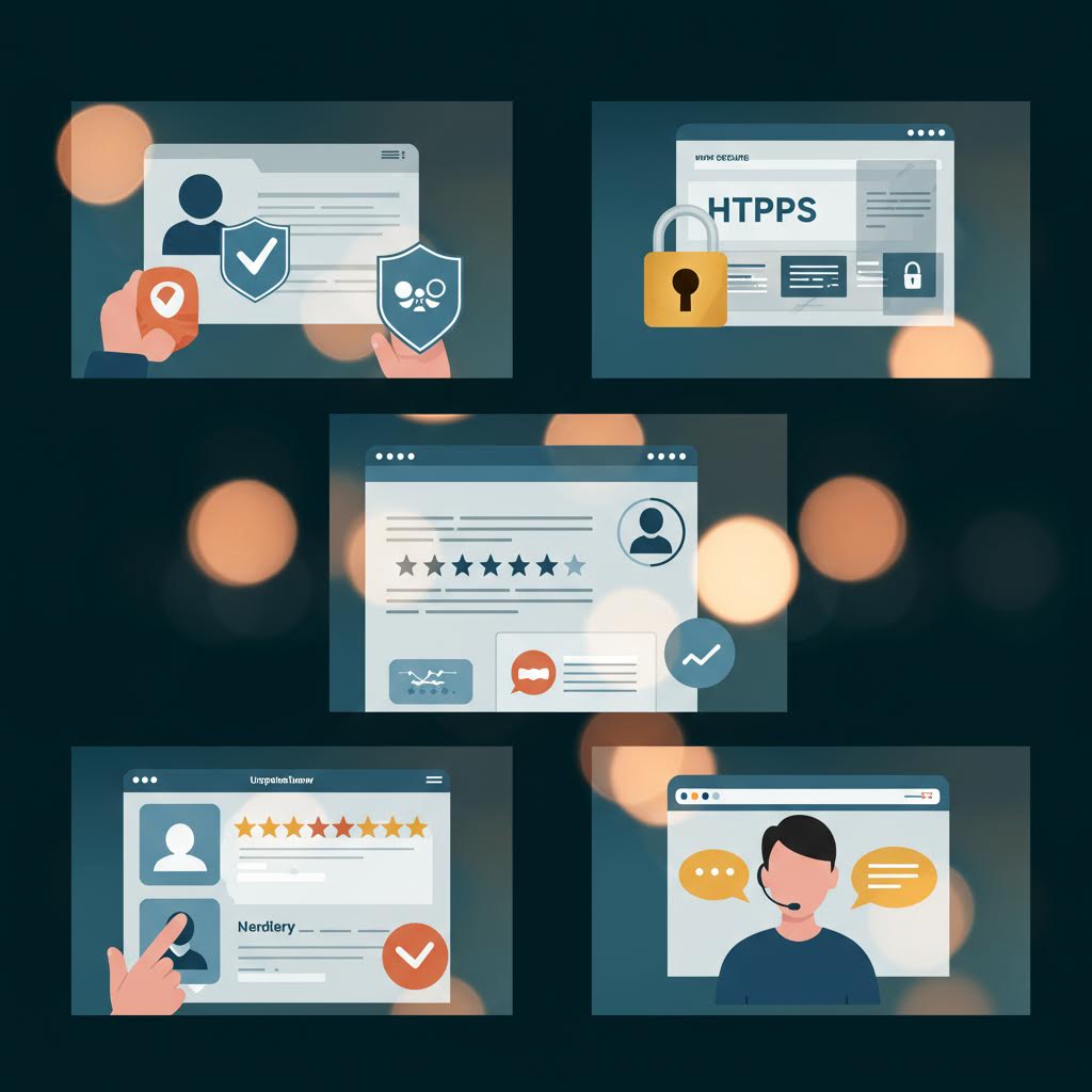 5개의 디지털 보안과 인증 관련 일러스트 그리드. HTTPS, 비밀번호 입력, 신원 확인, 보안 체크 등 온라인 보안과 개인정보 보호를 주제로 한 파란색 톤의 일러스트들이다.