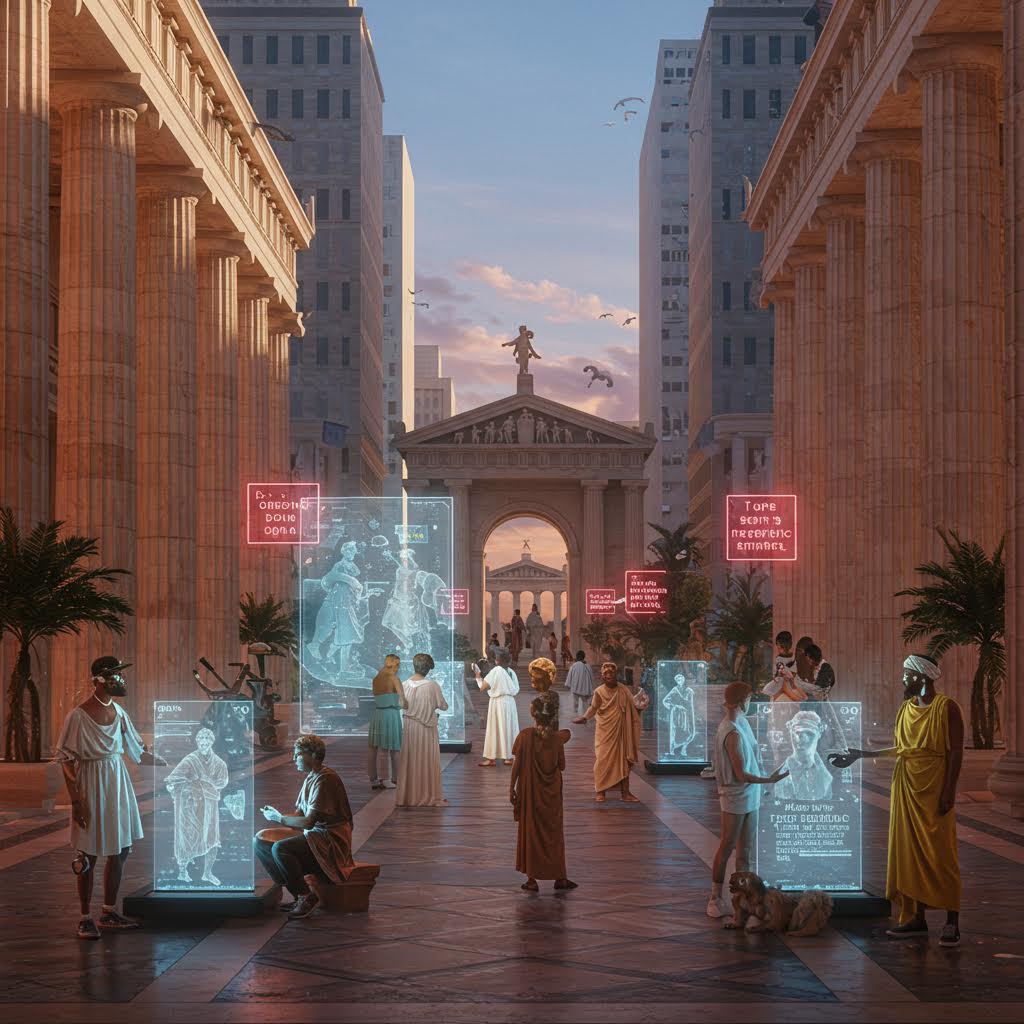 고대 도시 풍경에 미래형 홀로그램 패널들이 떠 있는 합성 이미지. 로마 신전 같은 건축물 사이를 걷는 사람들과 함께 청록색 디지털 정보 패널들이 공중에 배치되어 과거와 미래의 융합을 표현하고 있다.
