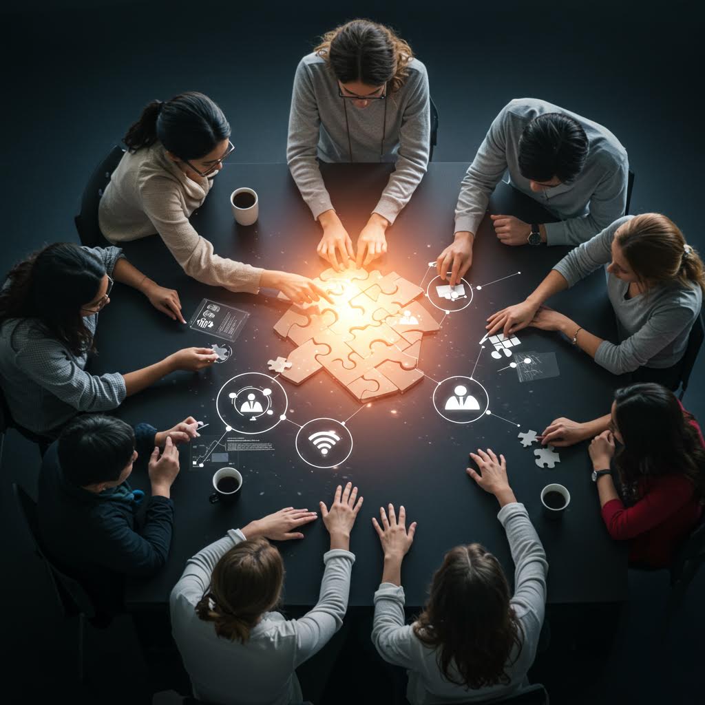 위에서 내려다본 테이블 주위에 사람들이 원형으로 모여 있고, 중앙에서 밝은 빛이 폭발하듯 퍼져나가는 모습. 주변으로 디지털 아이콘들이 떠 있어 협업과 혁신을 상징적으로 표현하고 있다.