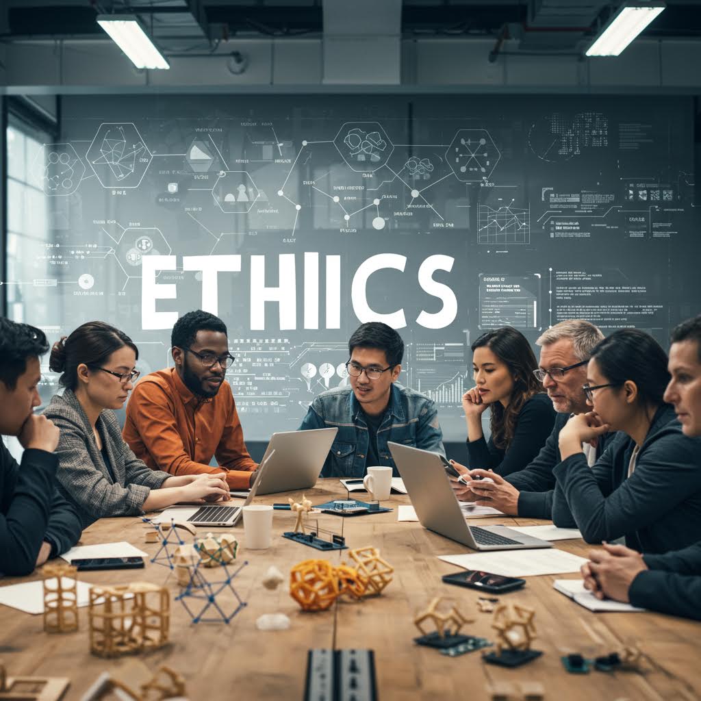 'ETHIICS' 큰 글씨가 배경에 있는 회의실. 테이블에 여러 명이 둘러앉아 노트북으로 작업하고 있으며, 윤리와 기술을 주제로 한 협업 회의 장면을 보여주고 있다.
