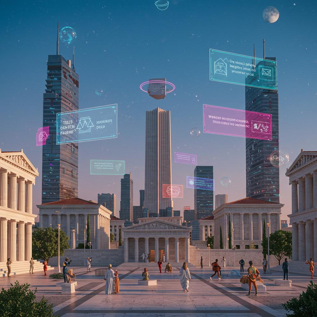 석양을 배경으로 한 미래 도시 풍경. 고층 건물들 위로 홀로그램 간판과 광고판들이 떠 있고, 고대 신전 같은 건축물 앞에 사람들이 걸어다니며 클래식과 미래가 공존하는 장면을 보여주고 있다.