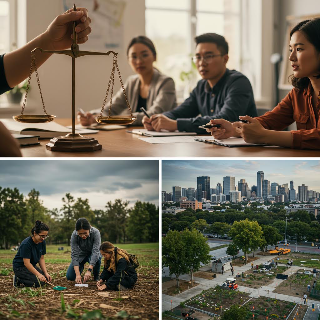 4개의 이미지로 구성된 그리드. 상단에는 테이블에서 저울을 놓고 논의하는 사람들, 하단에는 도시 전경과 공원에서 일하는 사람들 모습으로 법과 정의, 도시 생활을 보여주고 있다.