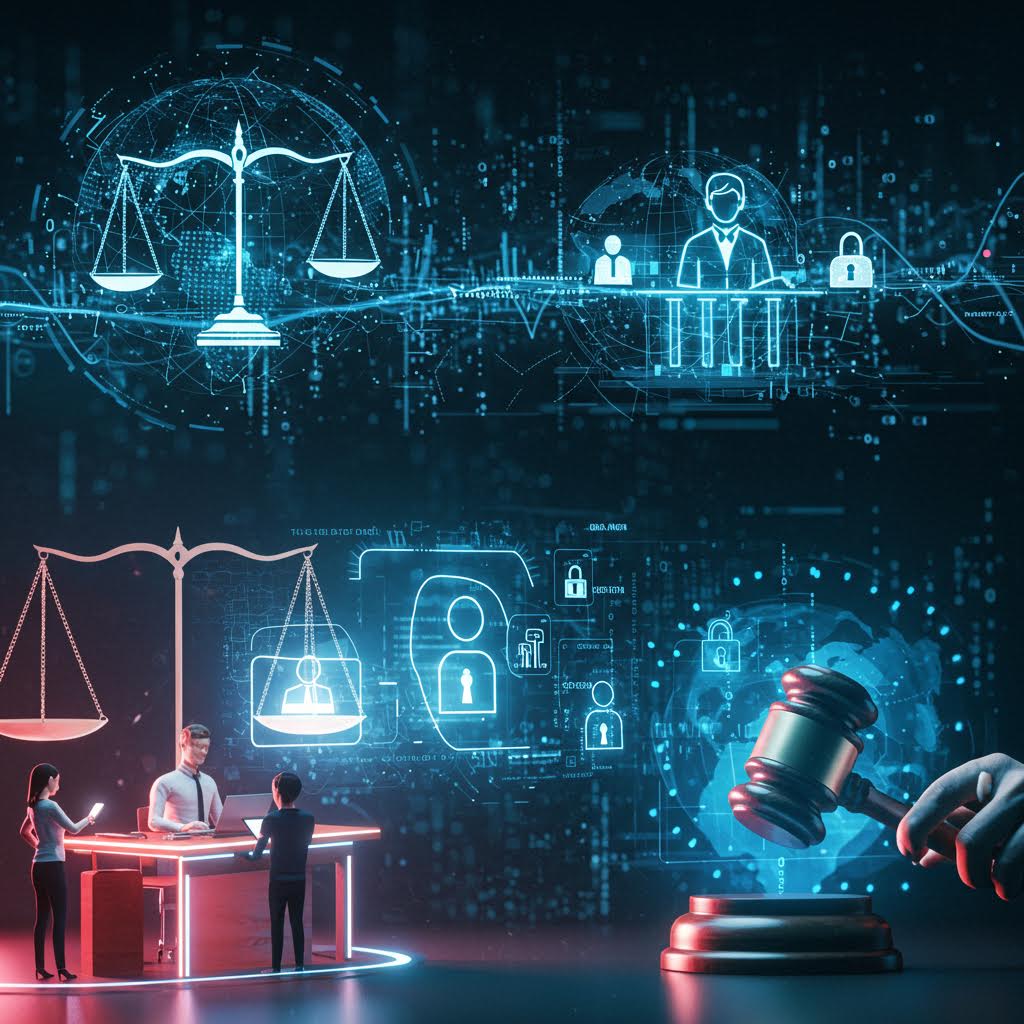 2개의 어두운 배경 법정 이미지. 상단에는 청록색 빛의 저울과 판사석이 있는 디지털 법정, 하단에는 분홍색과 청록색 빛의 망치와 자물쇠가 있는 이미지로 디지털 사법 시스템을 시각화하고 있다.