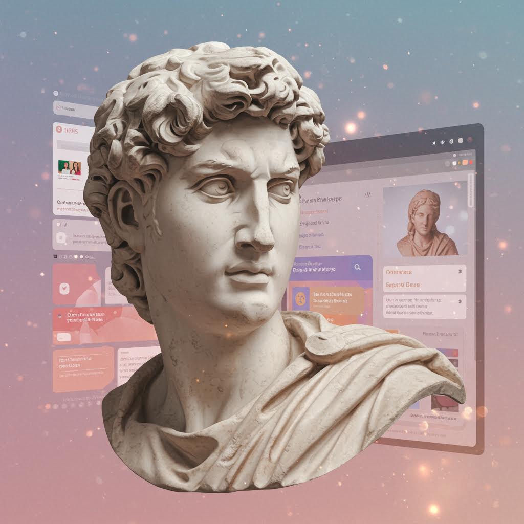 그리스 조각상 흉상 뒤로 디지털 인터페이스 화면들이 떠 있는 합성 이미지. 분홍색 배경에 고대 조각과 현대 기술이 결합되어 클래식과 디지털의 융합을 상징적으로 표현하고 있다.