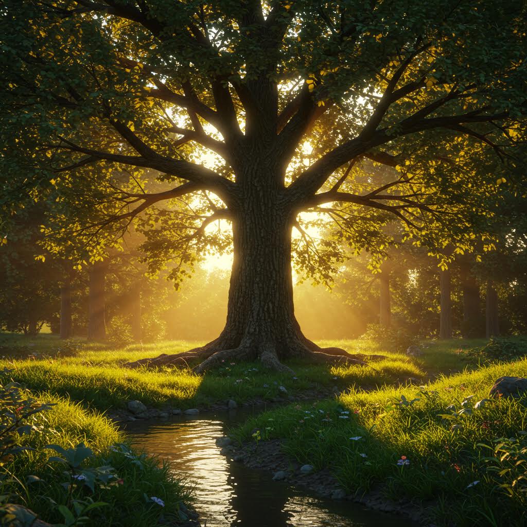 황금빛 햇살이 비치는 안개 낀 숲속의 큰 나무. 나무 가지 사이로 빛이 퍼져나가고 있으며, 앞쪽에는 작은 개울이 흐르고 있어 신비롭고 평화로운 자연의 모습을 보여주고 있다.