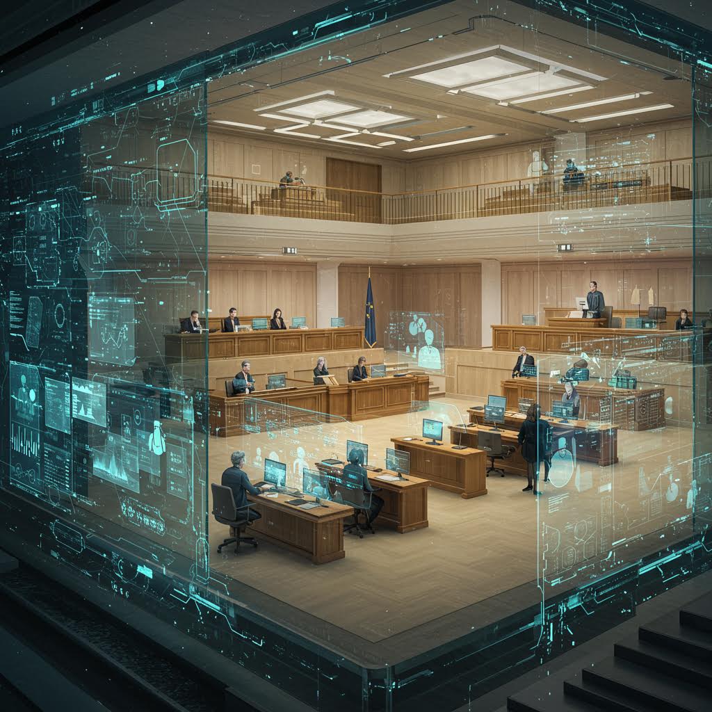 건물 단면도처럼 보이는 투명한 사무실 공간. 여러 층에 걸쳐 사람들이 책상에서 일하고 있으며, 건물 외벽에는 청록색 디지털 데이터 패턴이 흐르고 있어 투명성과 디지털화를 표현하고 있다.