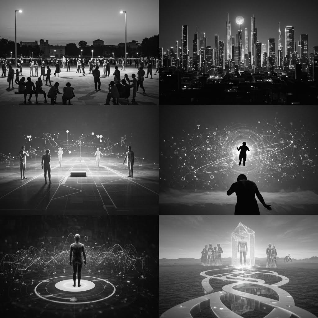 6개의 흑백 이미지로 구성된 그리드. 군중, 도시 스카이라인, 야간 도로, 빛 속을 걷는 사람의 실루엣 등 도시와 개인을 주제로 한 극적인 흑백 사진들이 담겨 있다.