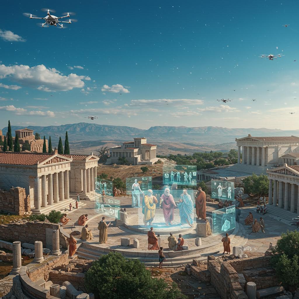 맑은 하늘 아래 고대 그리스 스타일 도시의 항공 뷰. 신전, 분수, 건축물들이 있고 드론들이 날아다니며, 먼 바다까지 보이는 아름다운 고대 도시의 현대적 재해석 풍경이다.