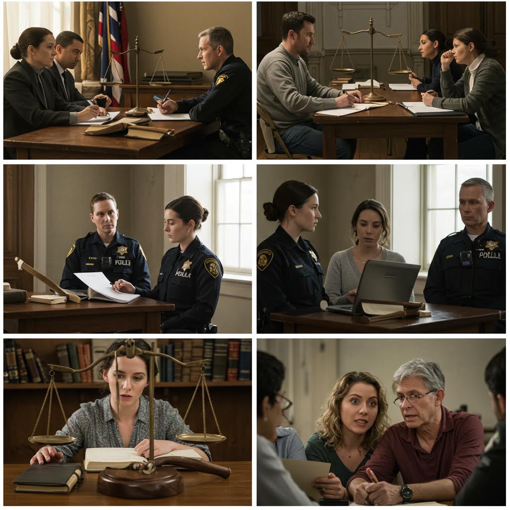 6개의 다양한 사람들 간 대화와 상담 장면 이미지 그리드. 식당에서의 미팅, 사무실 상담, 경찰과의 면담 등 다양한 전문적 대화 상황들을 보여주는 따뜻한 톤의 사진들이다.