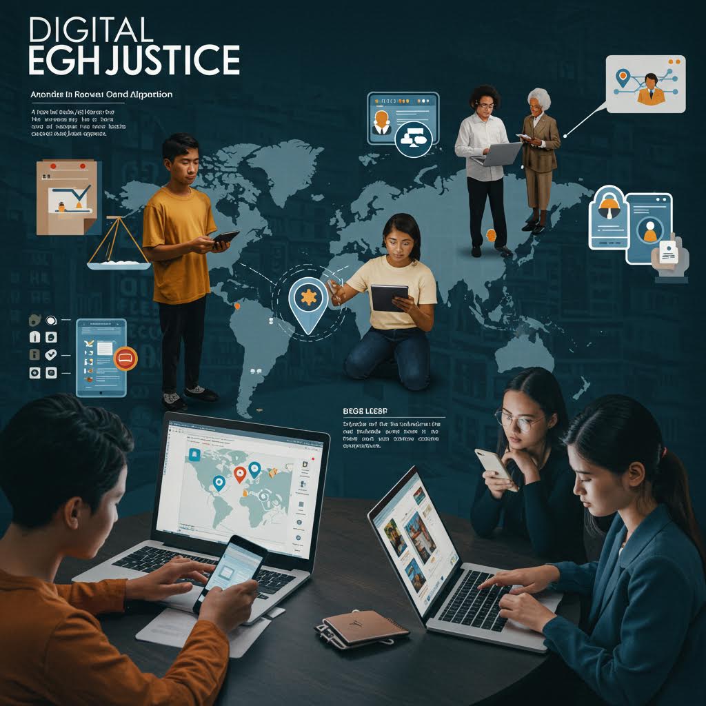 'DIGITAL EGH JUSTICE' 텍스트가 있는 어두운 배경의 인포그래픽. 세계지도를 중심으로 여러 명이 노트북과 태블릿으로 작업하고 있으며, 디지털 정의와 글로벌 협력을 시각화하고 있다.