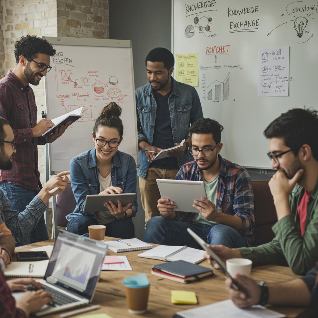 화이트보드 앞에서 젊은 연구자들이 아이디어를 나누며 새로운 지식 교류와 철학적 확장의 방향을 탐색하는 장면