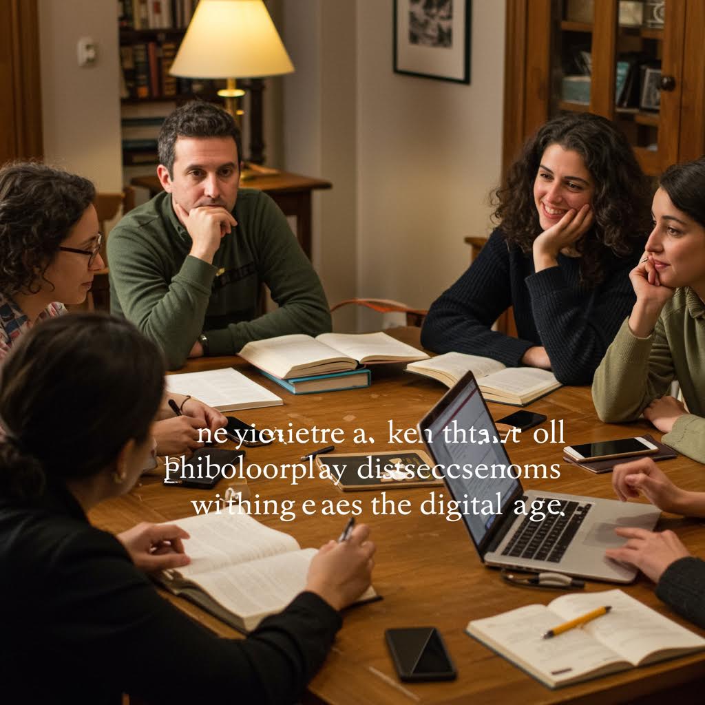 토론에 집중하는 사람들이 노트북과 문서를 앞에 두고 디지털 시대 철학적 담론의 변화를 논의하는 순간