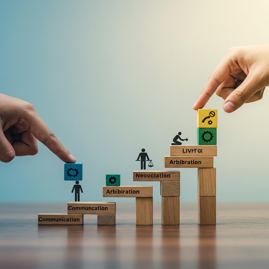 두 손가락이 나무 블록으로 만든 계단을 위로 짚어 올라가며 진행하는 모습. 각 블록에는 'Communication(소통)', 'Arbitration(중재)', 'Negotiation(협상)', 'Arbibration(중재)', 'LIVIGT(생활)', '기술 및 관리(기어 아이콘)' 등의 단계가 새겨져 있으며, 이는 분쟁 해결 및 관계 개선 과정을 단계별로 밟아나가는 과정을 시각적으로 보여줍니다.