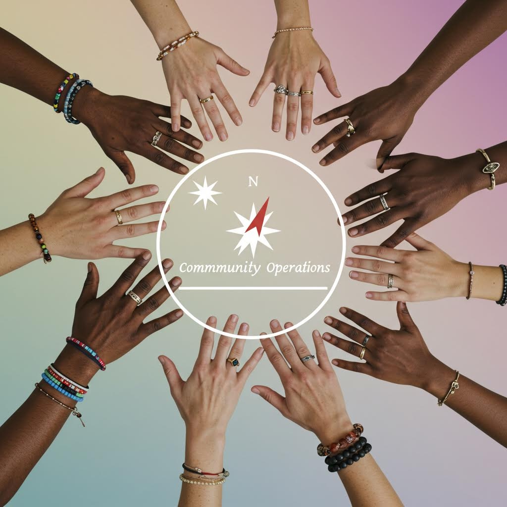 다양한 사람들이 손을 원형으로 모아 공동체와 협력의 상징적 구조를 만들어내는 모습