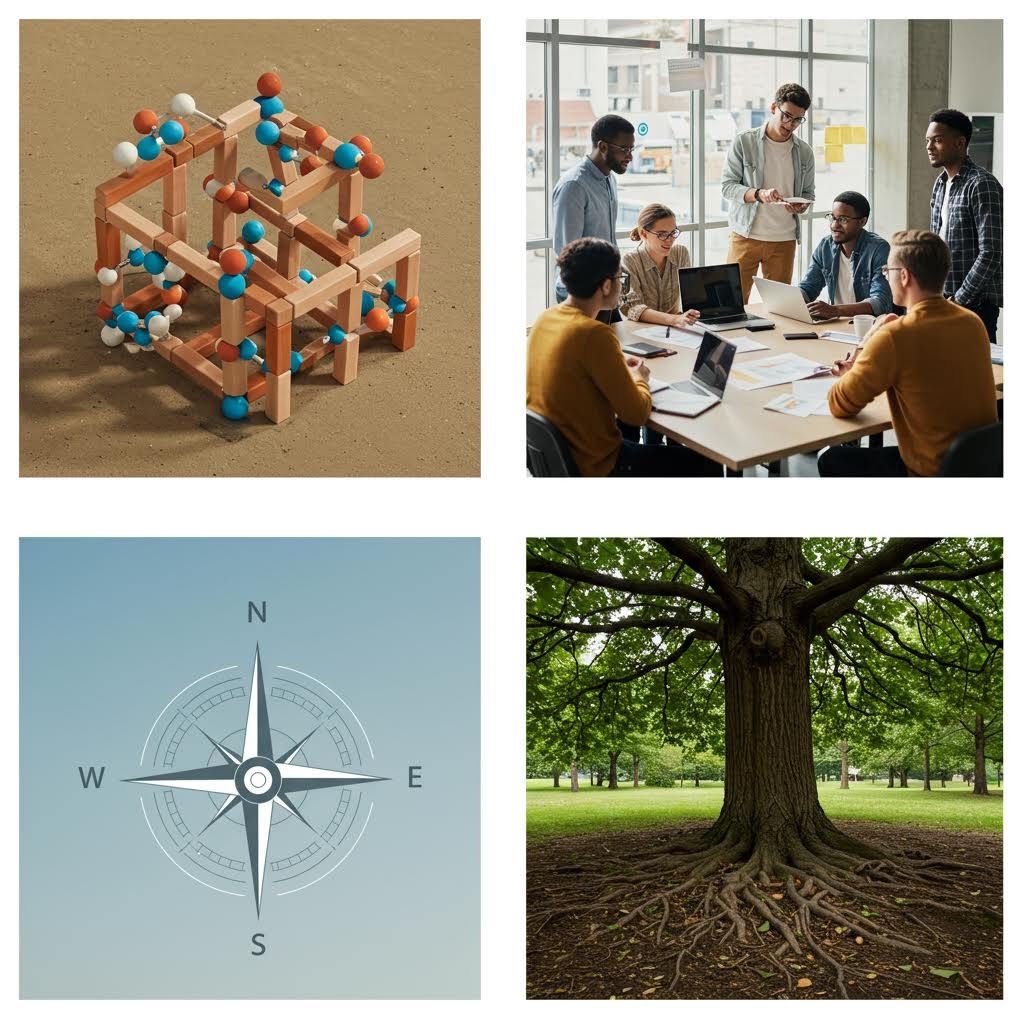 기하 구조 모형과 회의 중인 사람들, 나침반 도식, 거대한 나무가 한 화면에 배열되어 구조·방향·협력·자연의 요소가 조화롭게 이어지는 흐름
