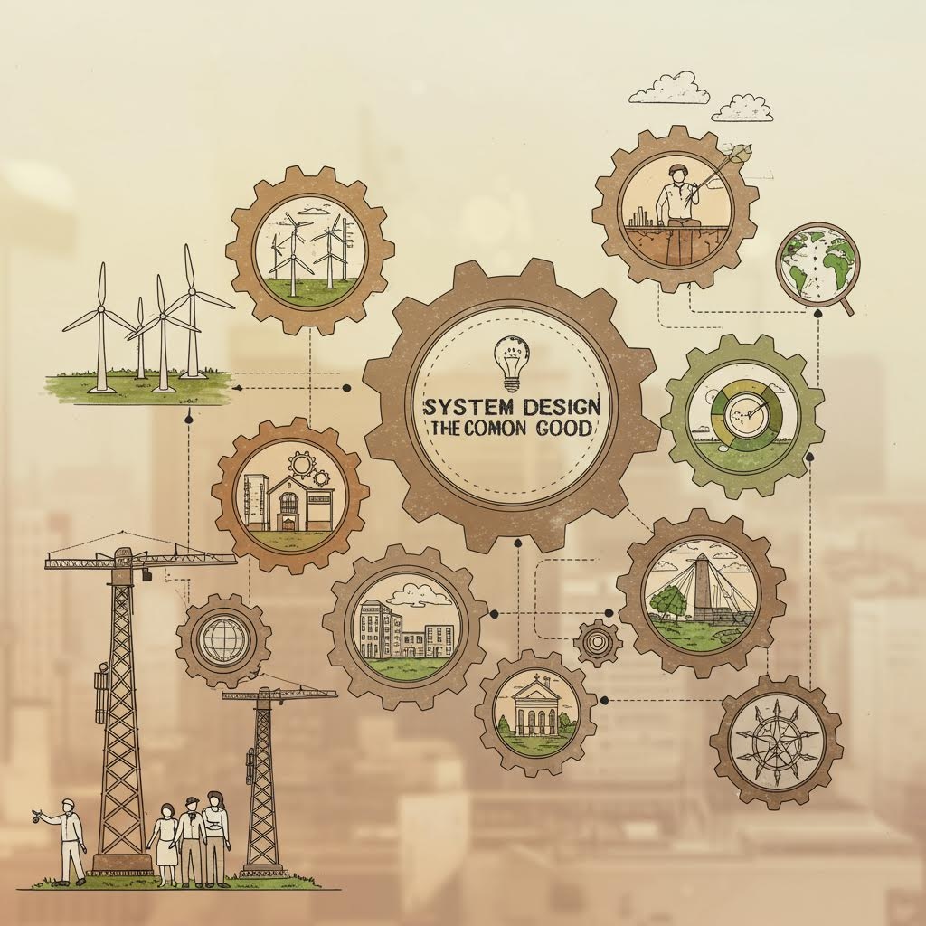 기어가 연결된 구조 안에 여러 산업 관련 아이콘이 배치되어 상호작용하는 시스템 구성을 시각적으로 표현한 그림