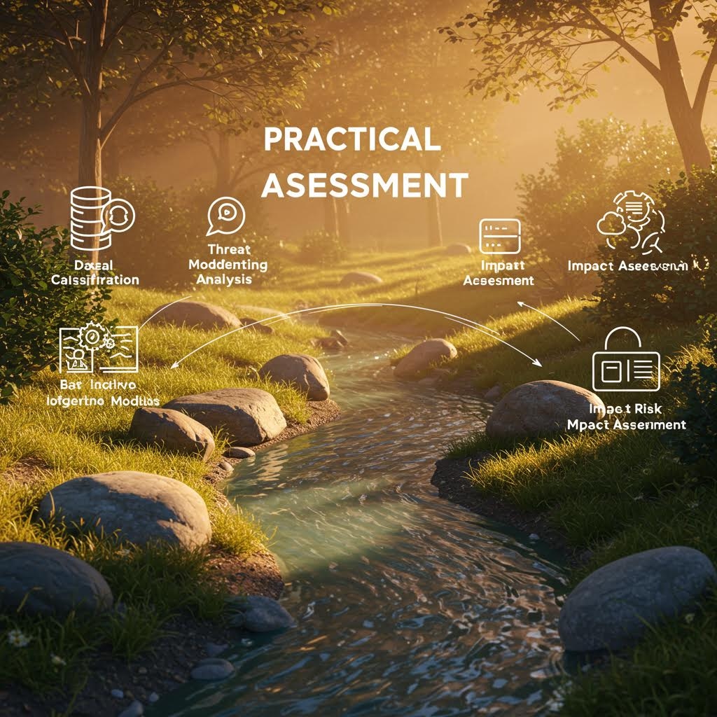 청색 투명 방패 형태로 디자인된 아이소메트릭 일러스트레이션. 방패 내부에는 회로 기판이 그려져 있으며 'DATA GOVERNLANCE(데이터 거버넌스)'라고 쓰인 칩이 중앙에 박혀 있습니다. 데이터가 방패 안팎으로 순환하는 화살표가 그려져 있어, 리스크 관리 프레임워크 내에서의 데이터 통제와 보안을 시각적으로 나타냅니다.