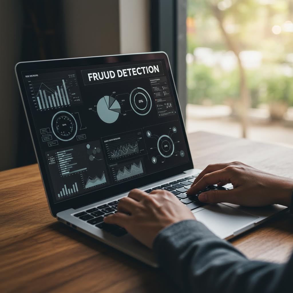 한 사람이 노트북을 사용하고 있는 클로즈업 사진. 노트북 화면에는 'FRUUD DETECTION(사기 탐지)'이라는 문구와 함께 파이 차트, 막대 그래프, 꺾은선 그래프 등 다양한 형태의 데이터 분석 대시보드가 어두운 모드로 표시되어, 금융 거래나 온라인 시스템에서 사기를 탐지하고 분석하는 과정을 시각적으로 보여줍니다.
