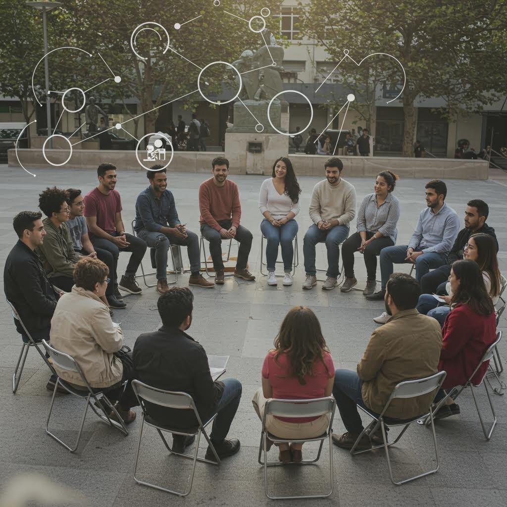 원형으로 앉은 사람들이 야외에서 의견을 나누며 공동체 대화를 이루는 참여 중심의 만남 순간