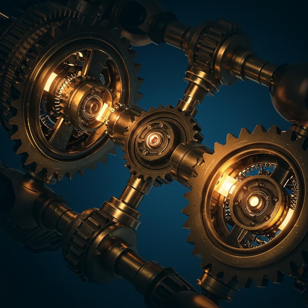 푸른색 배경 위에 복잡하고 정교하게 맞물려 돌아가는 황금색 기어(톱니바퀴)들의 클로즈업 사진. 중앙의 기어들을 중심으로 여러 개의 부품들이 연결되어 있어, 시스템의 복잡한 연동 구조, 지속적인 모니터링, 혹은 기계적 메커니즘의 정교함을 시각적으로 나타냅니다.