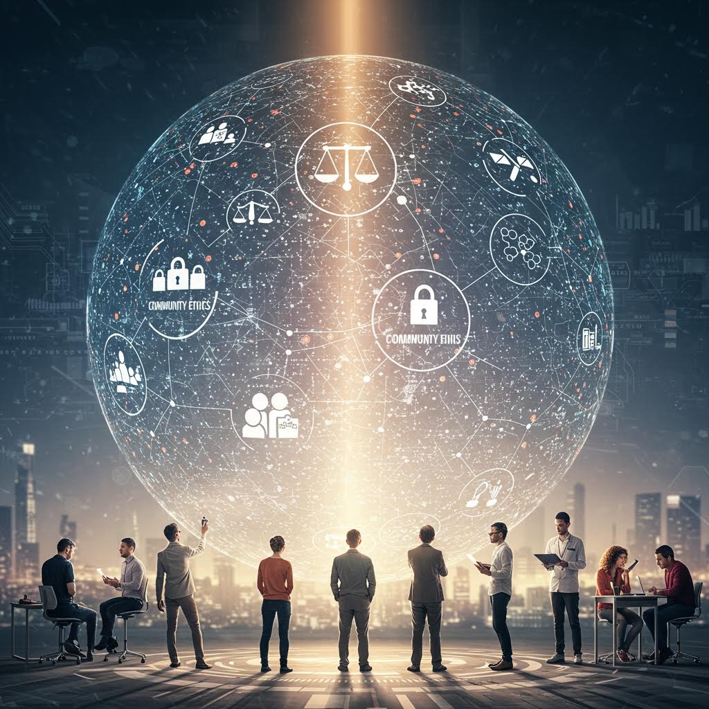 거대한 빛의 구체 앞에 사람들이 모여 다양한 상징 아이콘을 바라보며 디지털 시대 사회 구조를 시각화한 장면