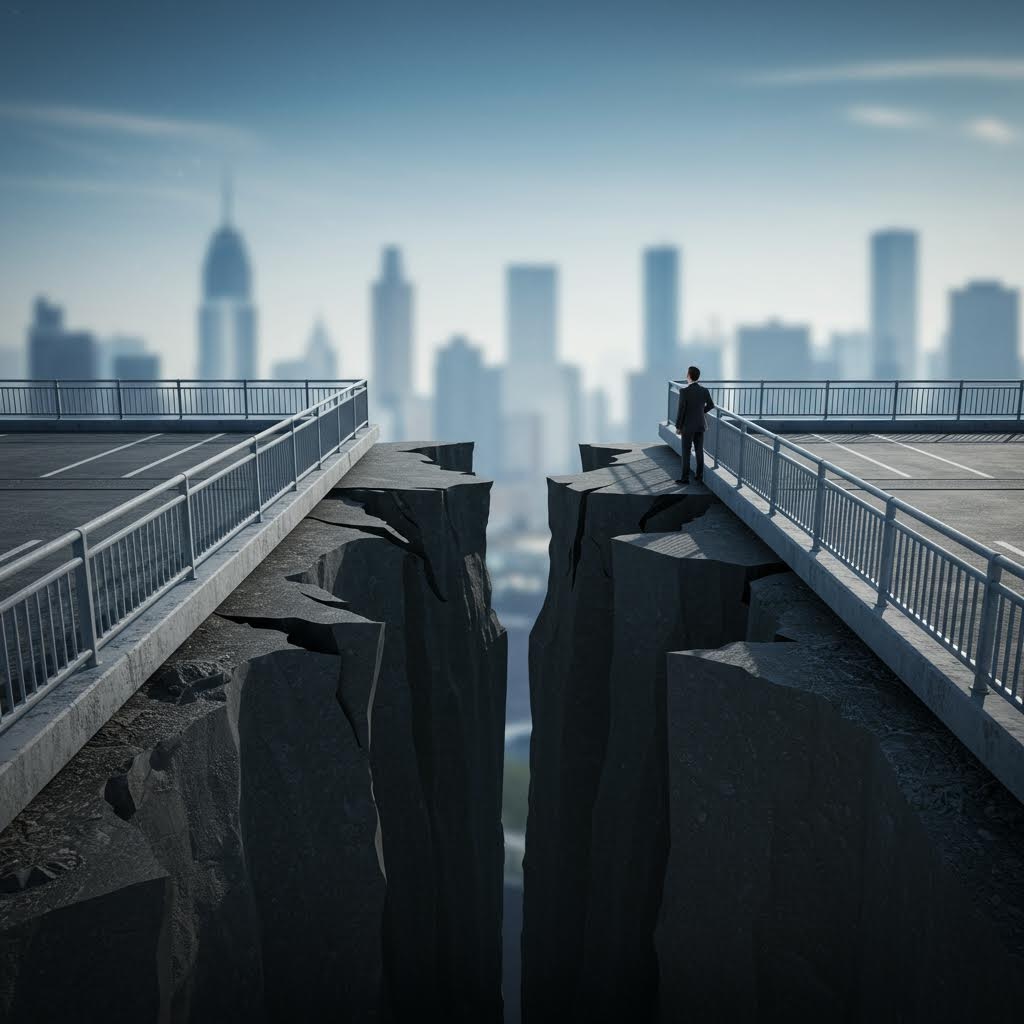 도시의 고층 빌딩 스카이라인을 배경으로, 아스팔트 도로와 난간이 갑자기 끊어져 깊은 절벽으로 변한 모습. 한 인물이 절벽 끝에 서서 도시를 바라보고 있으며, 이는 갑작스러운 단절, 위험, 혹은 어려운 문제에 직면한 상황을 시각적으로 보여줍니다.