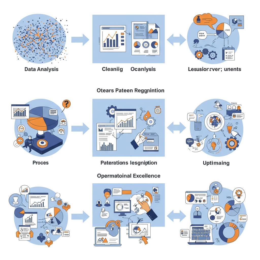 데이터 분석(Data Analysis)부터 시작하여 3단계의 행과 화살표로 연결된 상세 순서도 다이어그램. 데이터 정리 및 분석, 패턴 인식, 최적화(Uptimaimg), 그리고 운영 탁월성(Opermatoinal Excellence) 등의 주요 단계를 보여주는 차트, 문서, 컴퓨터 관련 아이콘들로 구성되어, 데이터 기반의 의사결정 및 운영 프로세스를 시각적으로 설명합니다.