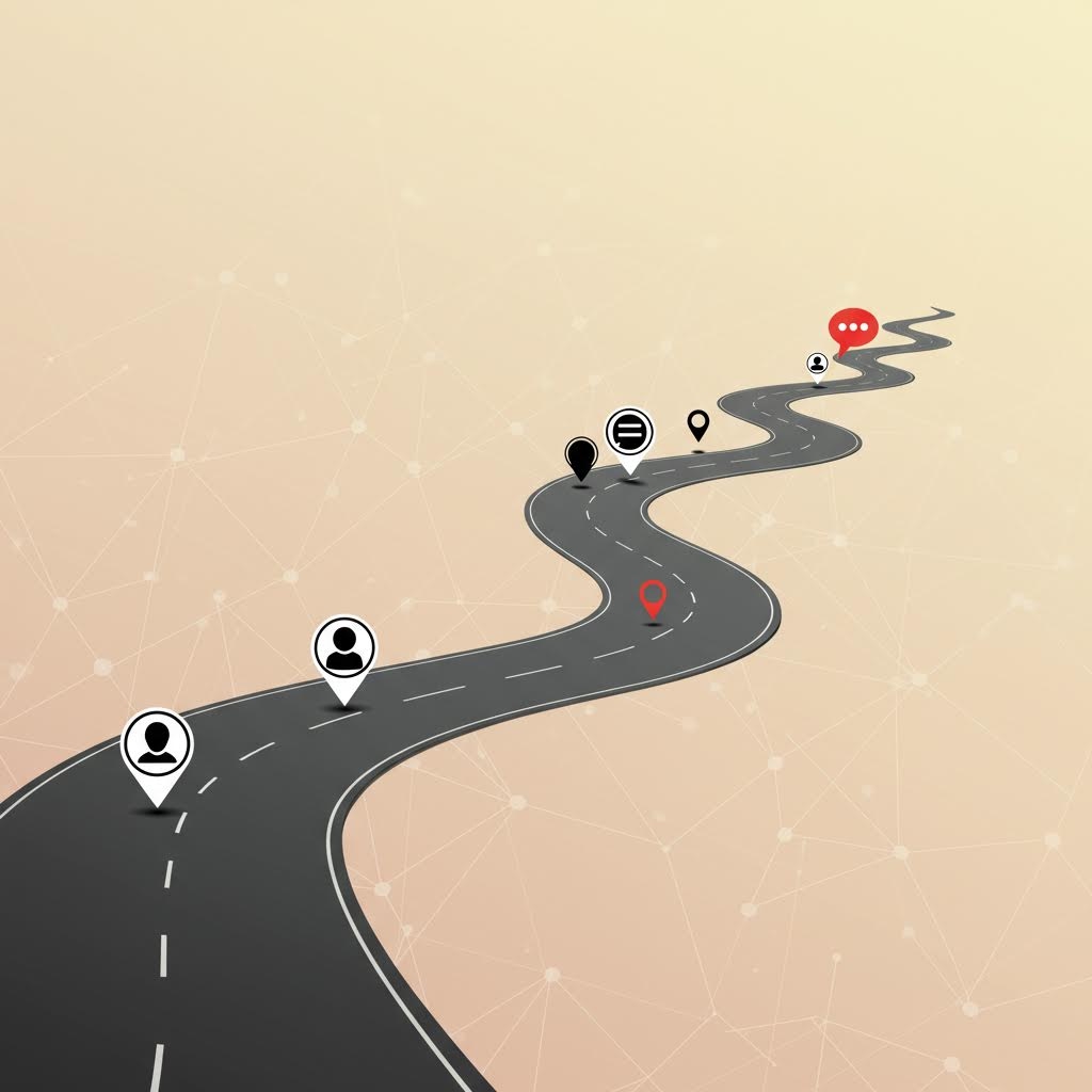 배경에 희미한 네트워크 패턴이 있는 구불구불한 도로 일러스트레이션. 도로 위에는 사람 모양 아이콘, 위치 핀, 채팅 버블 등 다양한 아이콘이 표시된 마일스톤(이정표)이 순서대로 배치되어 있으며, 이는 분쟁 해결, 프로젝트 수행 등 복잡한 과정을 거쳐 목표를 향해 나아가는 여정의 단계를 시각적으로 보여줍니다.