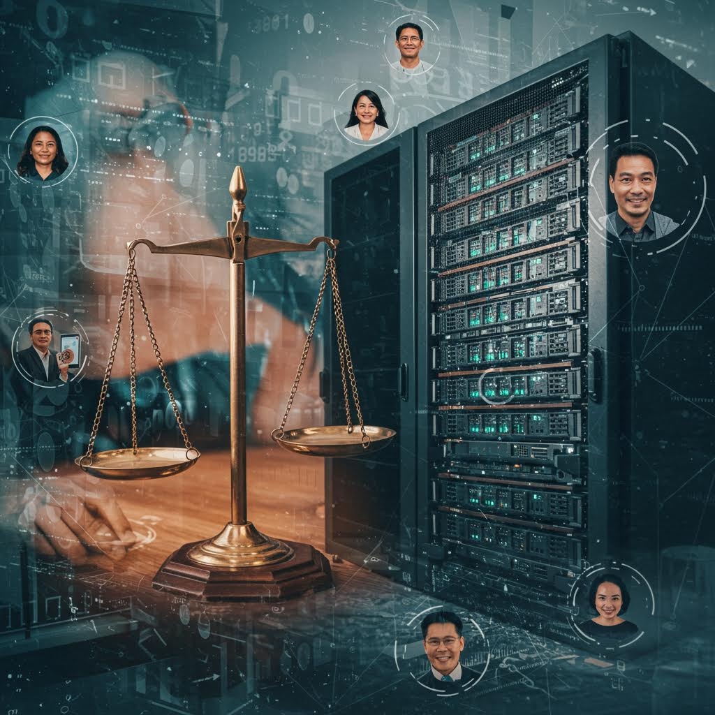 디지털 서버와 저울이 함께 배치된 화면 속에서 여러 인물의 얼굴이 네트워크처럼 연결된 구성이 나타나는 장면