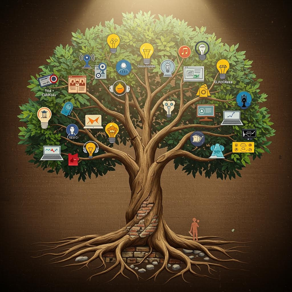 큰 나무의 뿌리와 가지 위에 여러 정보 아이콘이 배치되어 지식과 연결 구조를 상징적으로 나타낸 그림