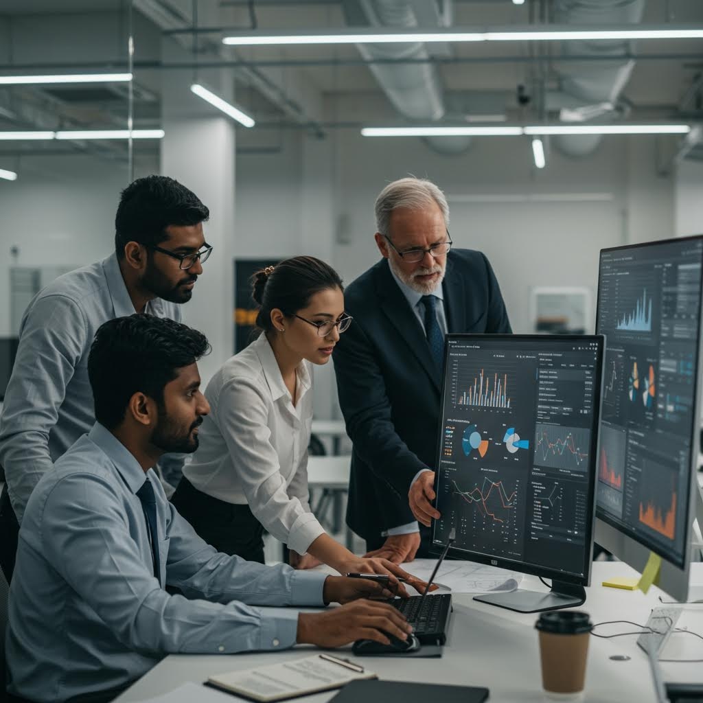 작업 공간에서 여러 실무자가 대형 모니터의 데이터 시각화를 확인하며 분석을 진행하는 협업 장면