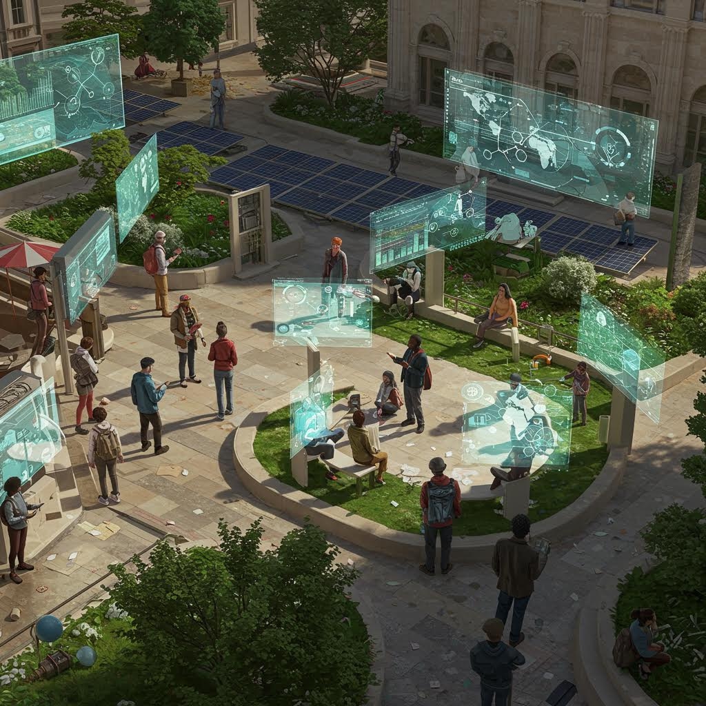 야외 광장에서 사람들이 모여 홀로그램 형태의 정보 화면을 바라보며 디지털 콘텐츠를 공유하는 풍경