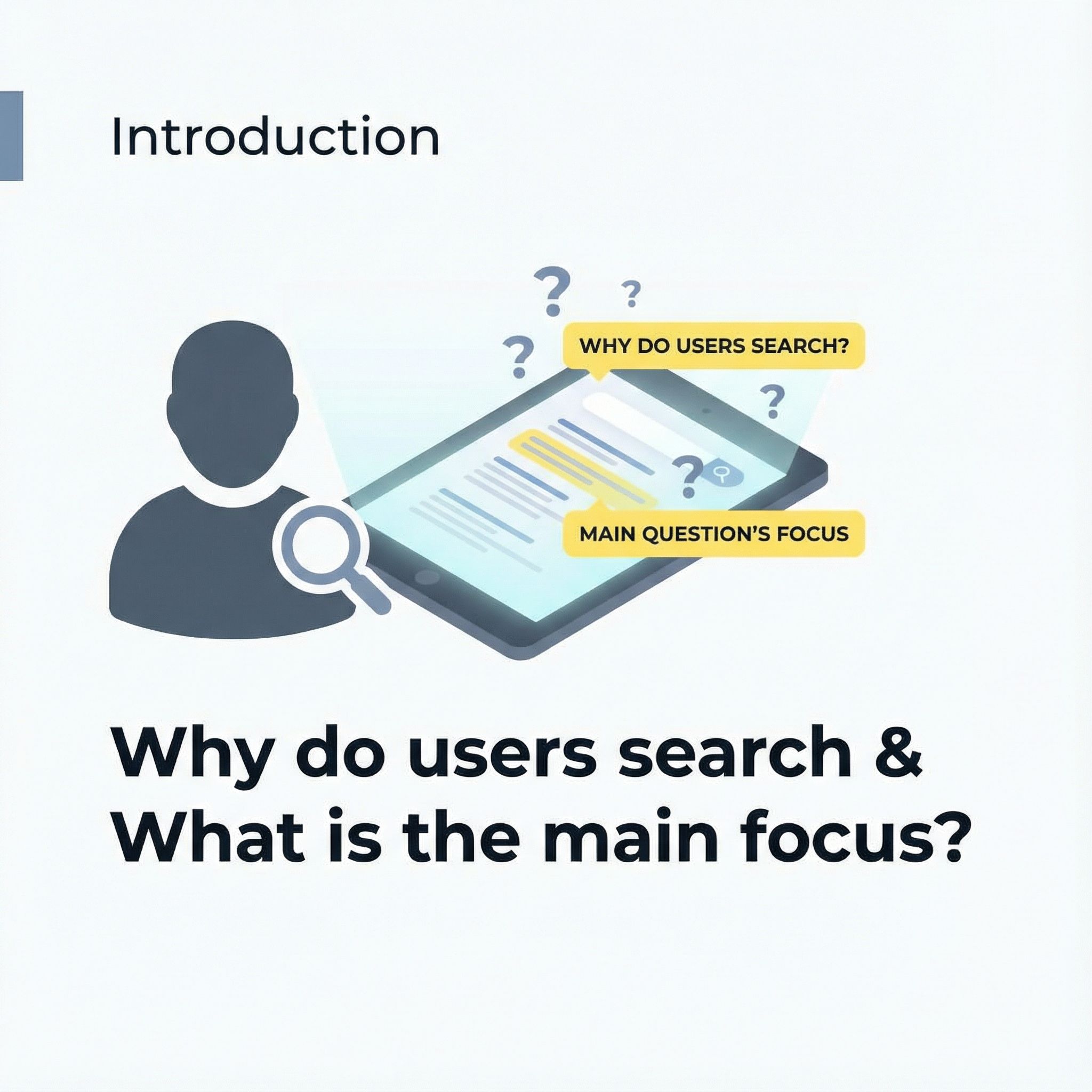 흰 배경에 Introduction 제목, 인물이 돋보기로 검색하며 물음표와 강조된 키워드가 보이는 모습이다