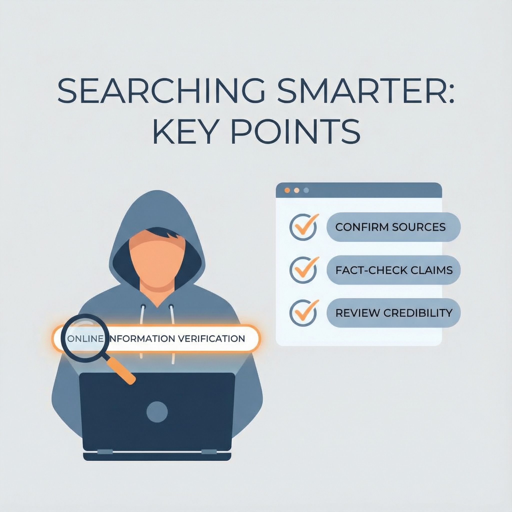 중립 배경에 인물이 검색창을 보며 돋보기와 확인 체크리스트가 있는 미니멀 인포그래픽 모습이다