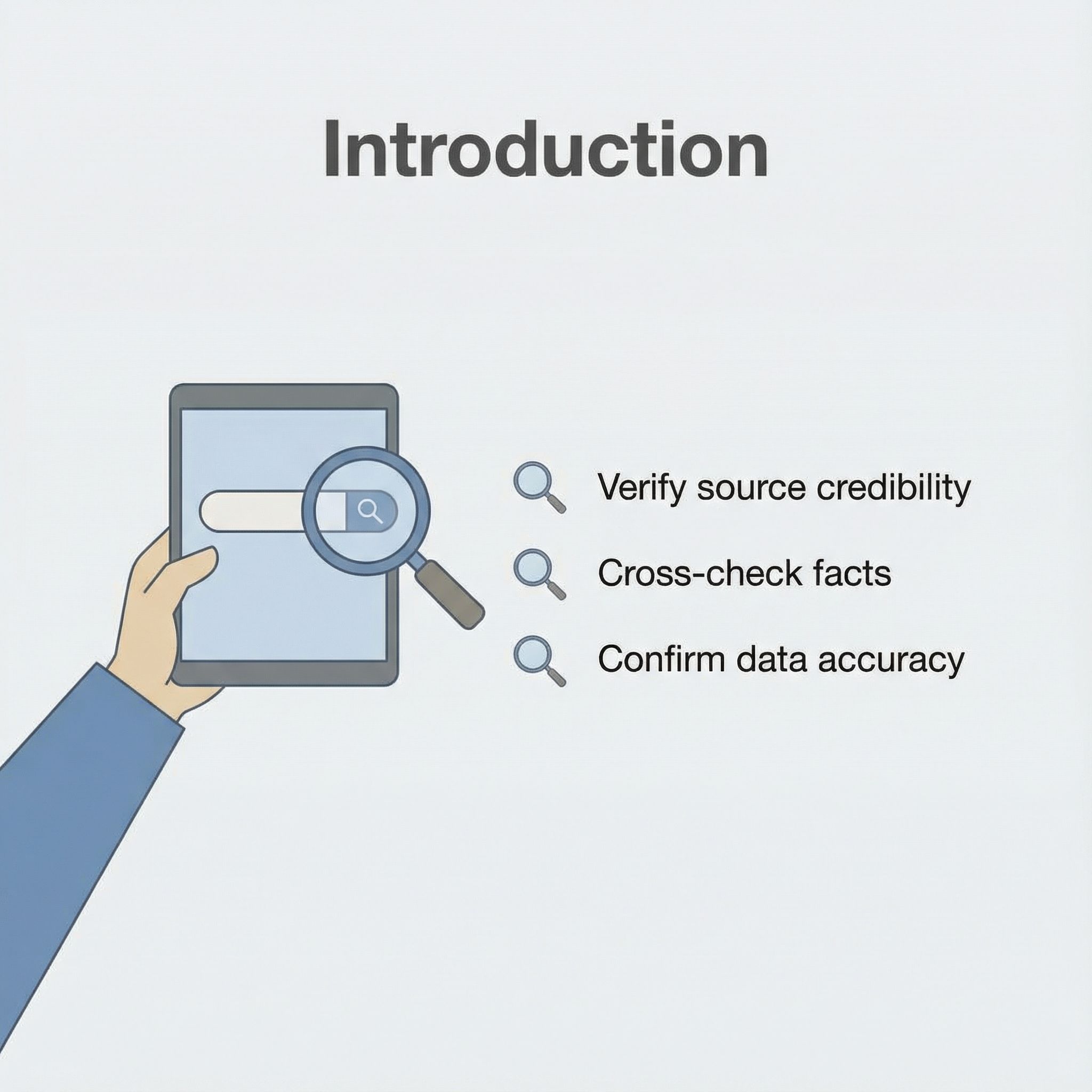 중립색 미니멀 슬라이드에 ‘Introduction’ 제목, 돋보기와 검색 화면, 핵심 불릿 목록이 배치된