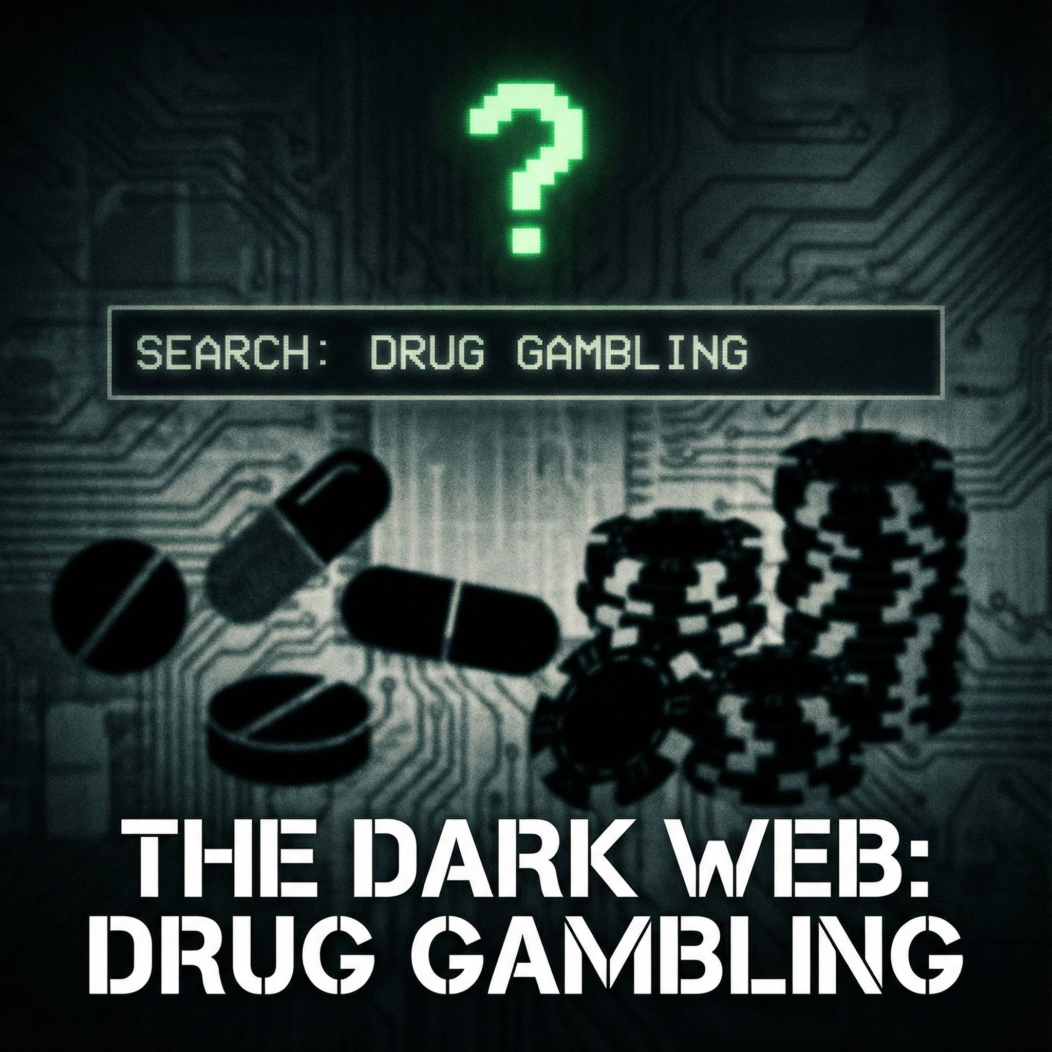 어두운 배경에 검색창에 drug gambling 입력, 빛나는 물음표와 약·칩 실루엣이 보이는 모습이다