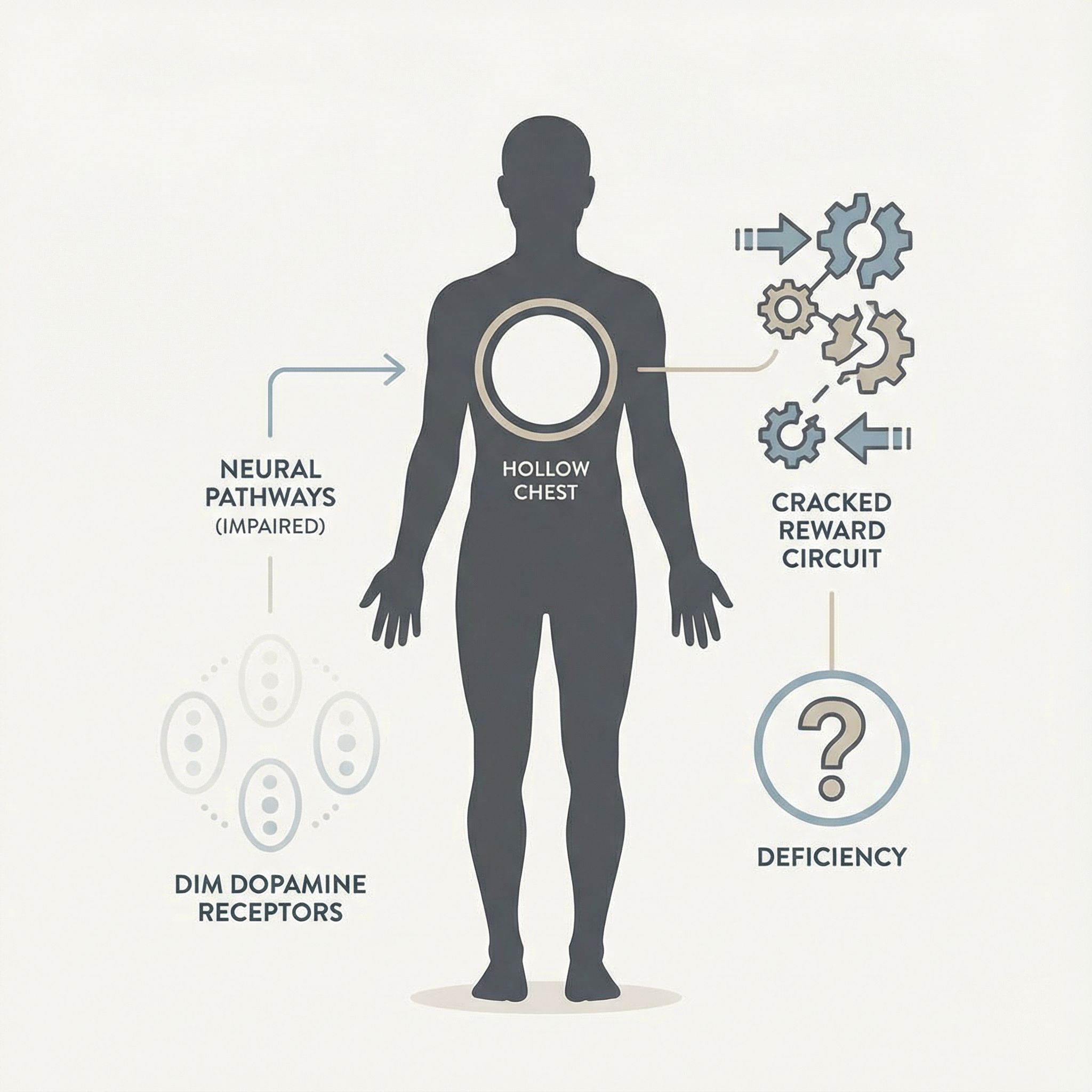가슴이 빈 사람 실루엣과 흐린 수용체, 깨진 회로 아이콘이 무채색 배치된 모습이다