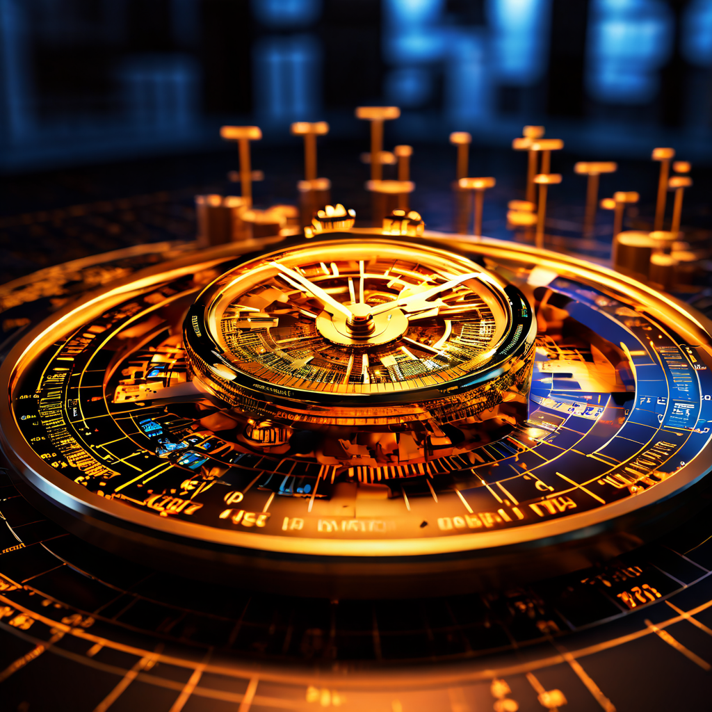 빛나는 황금색 스톱워치 주변으로 입체적인 데이터 분석 그래프가 떠 있는 모습이다.