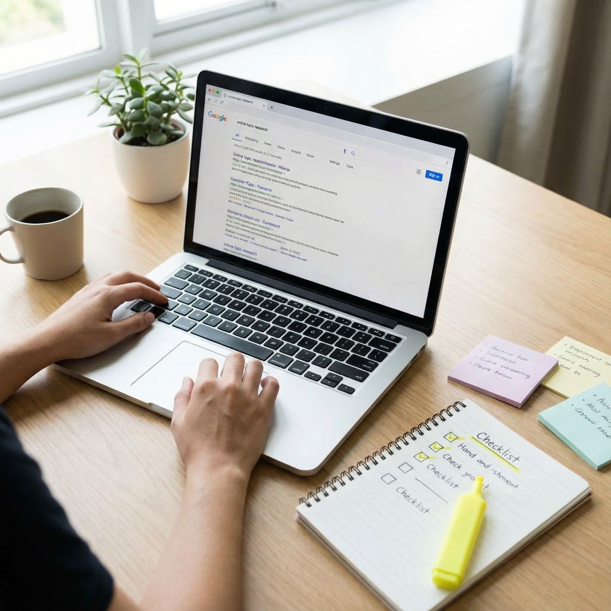 밝은 조명의 모던 책상에서 노트북을 보며 검색하고, 형광 체크리스트와 메모지가 놓인 모습이다