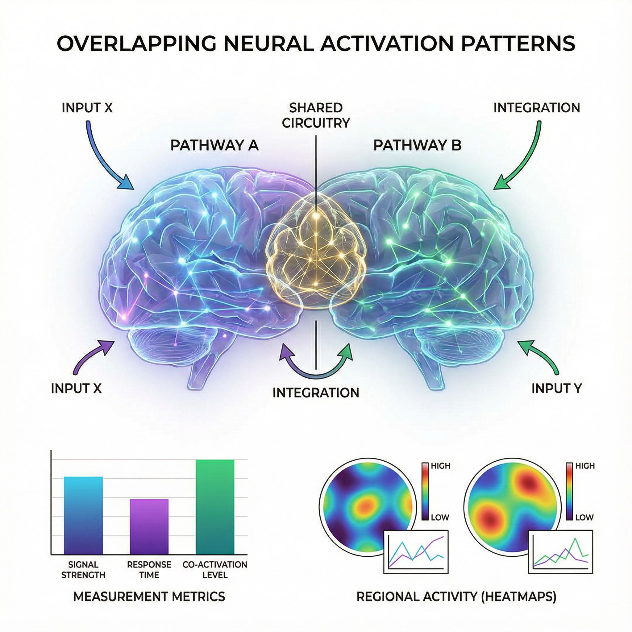 흰 배경에 겹치는 신경회로 활성 영역을 색으로 강조하고 화살표, 그래프와 열지도로 지표를 표시한 모습이다