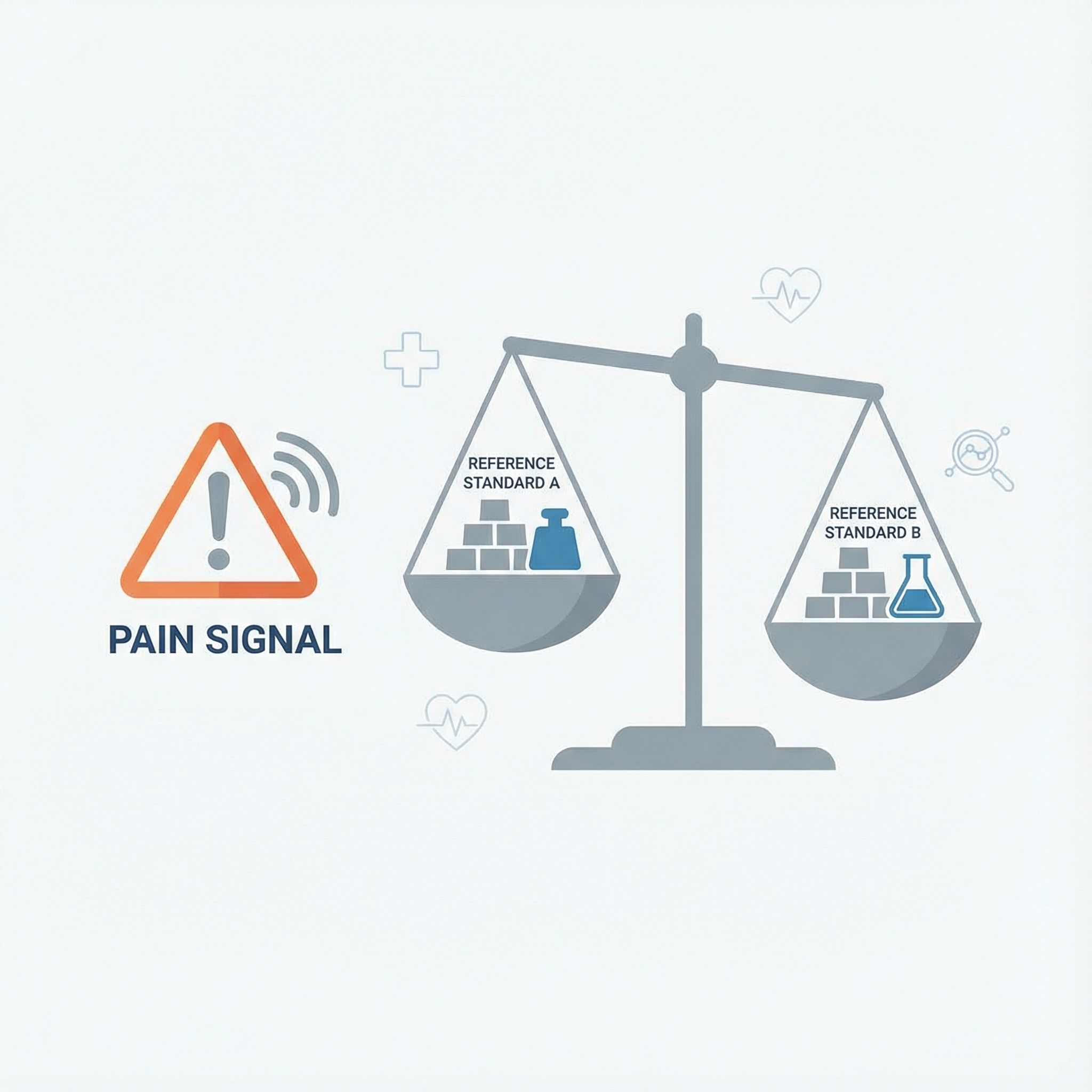 흰 배경에 빨간 경고아이콘과 통증 신호 글자, 두 기준을 저울로 비교한 평면 디자인 모습이다