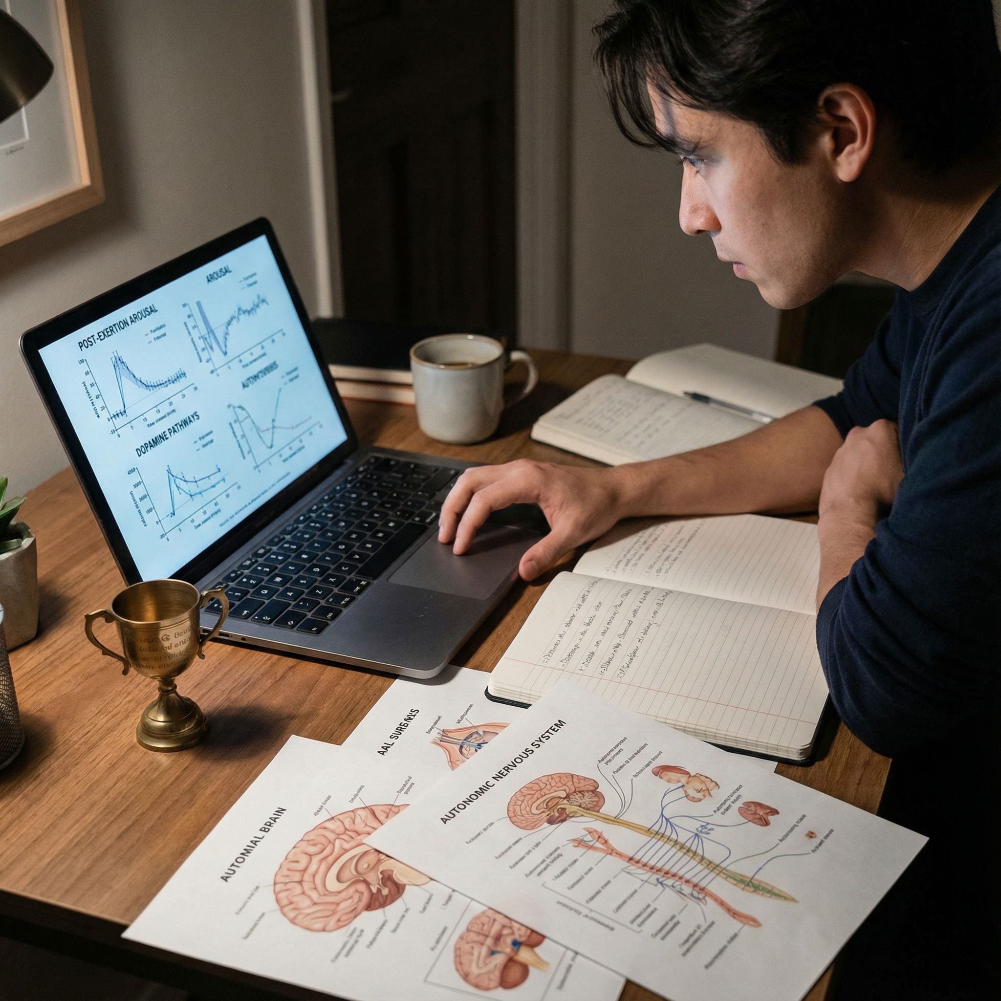 노트북에 뇌 도표와 의료 차트가 뜨고, 옆 금색 트로피와 푸른 조명 아래 사용자가 생각에 잠긴 모습이다
