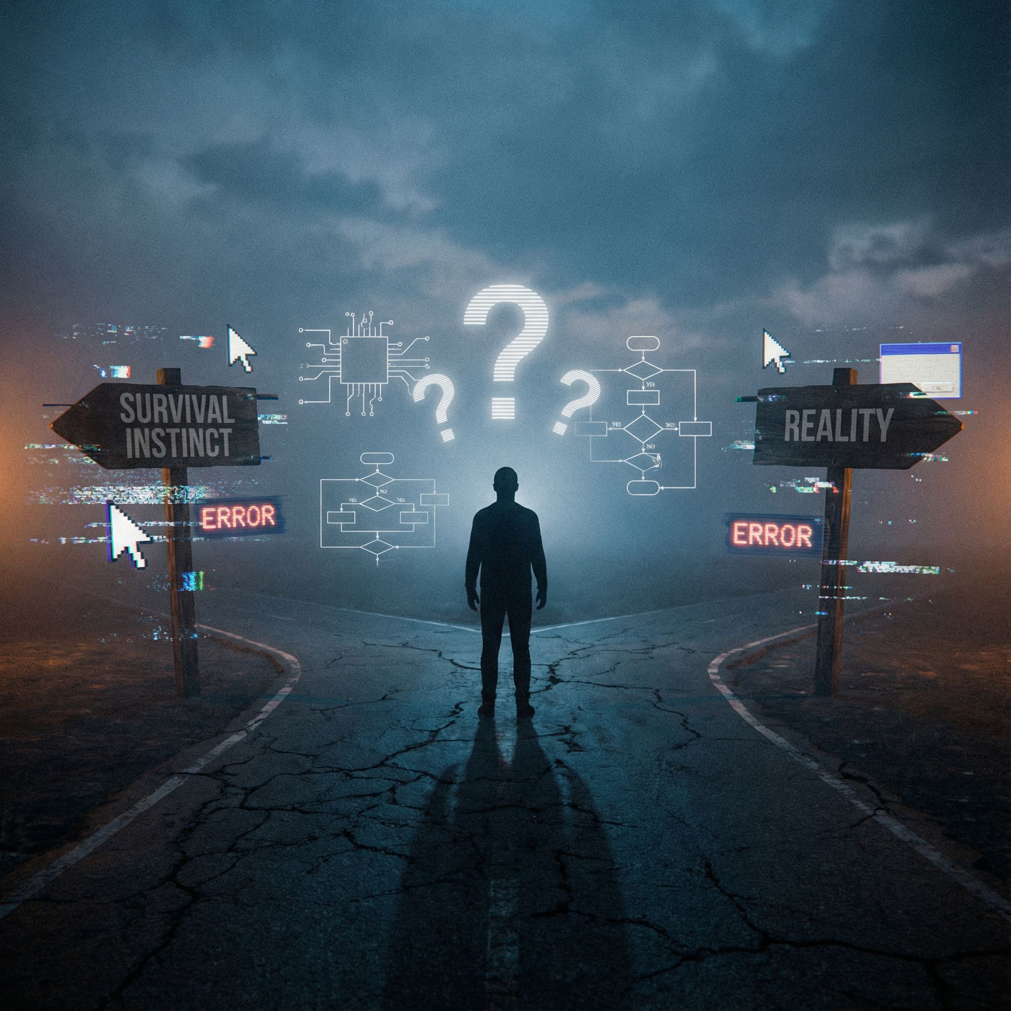 어두운 갈림길 한가운데 인물이 서서 양쪽 방향 표지와 화면 오류를 연상시키는 상징들 사이에서 선택의 혼란과 판단의 갈림을 마주한 순간을 표현한 장면