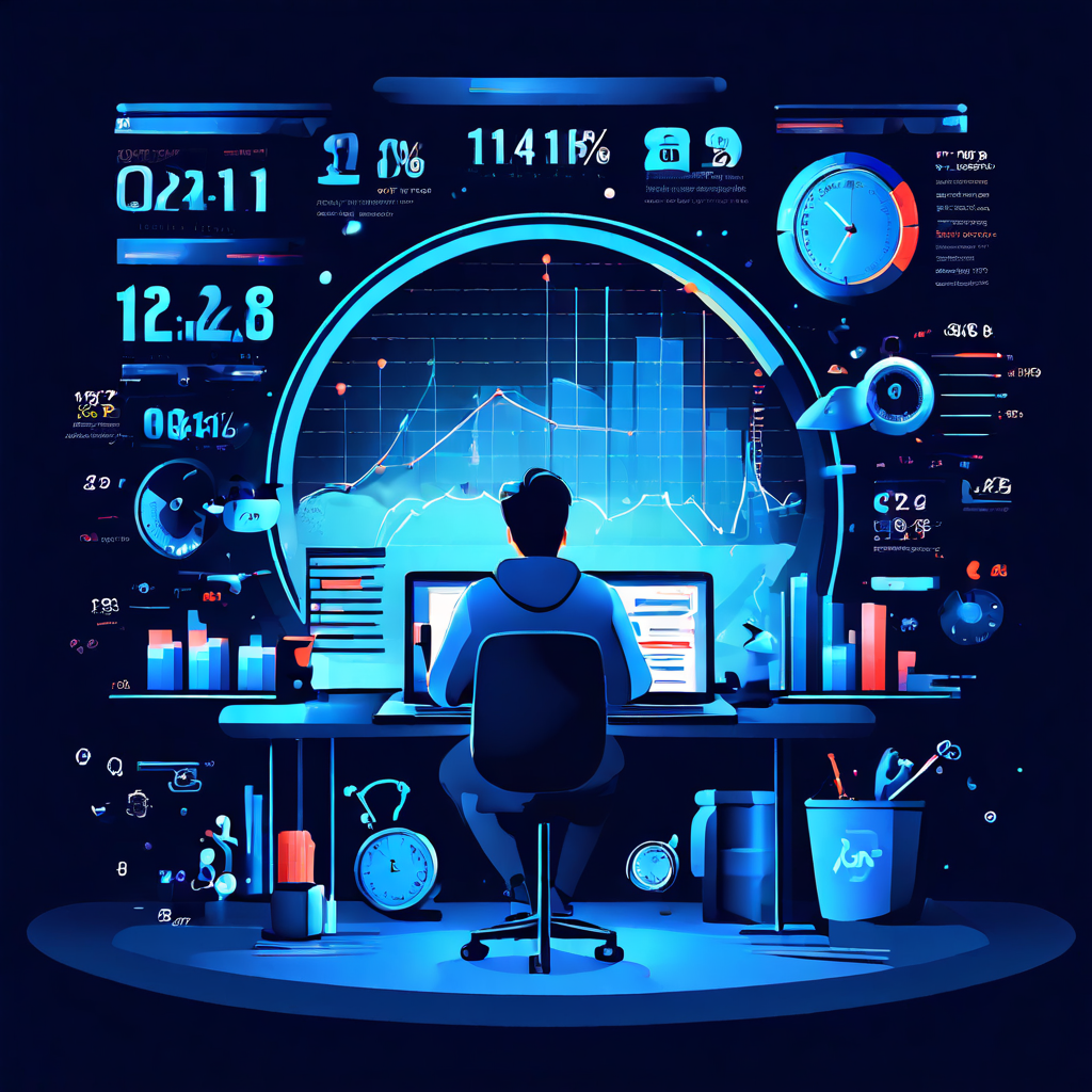 파란 인포그래픽 배경에 노트북 검색창, 돋보기로 차트와 확률계, 스코어보드·시계 아이콘을 점검하는 모습이다