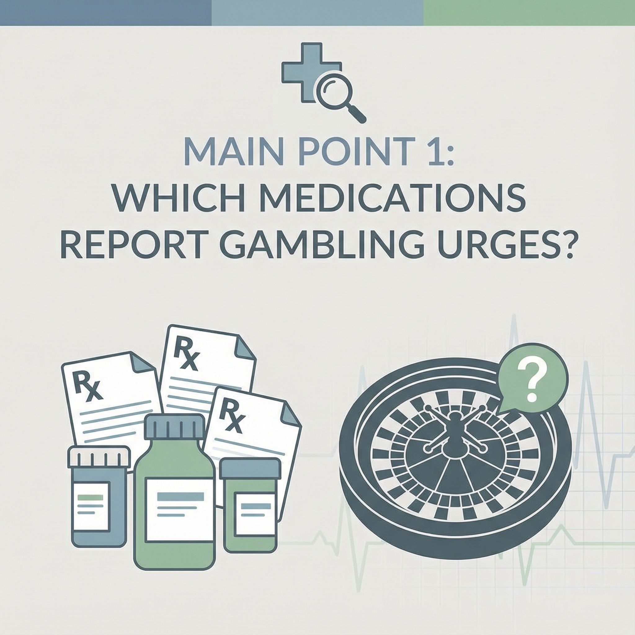 중앙에 약병·처방 아이콘과 룰렛 실루엣, 물음표가 있는 중립색 인포그래픽 모습이다