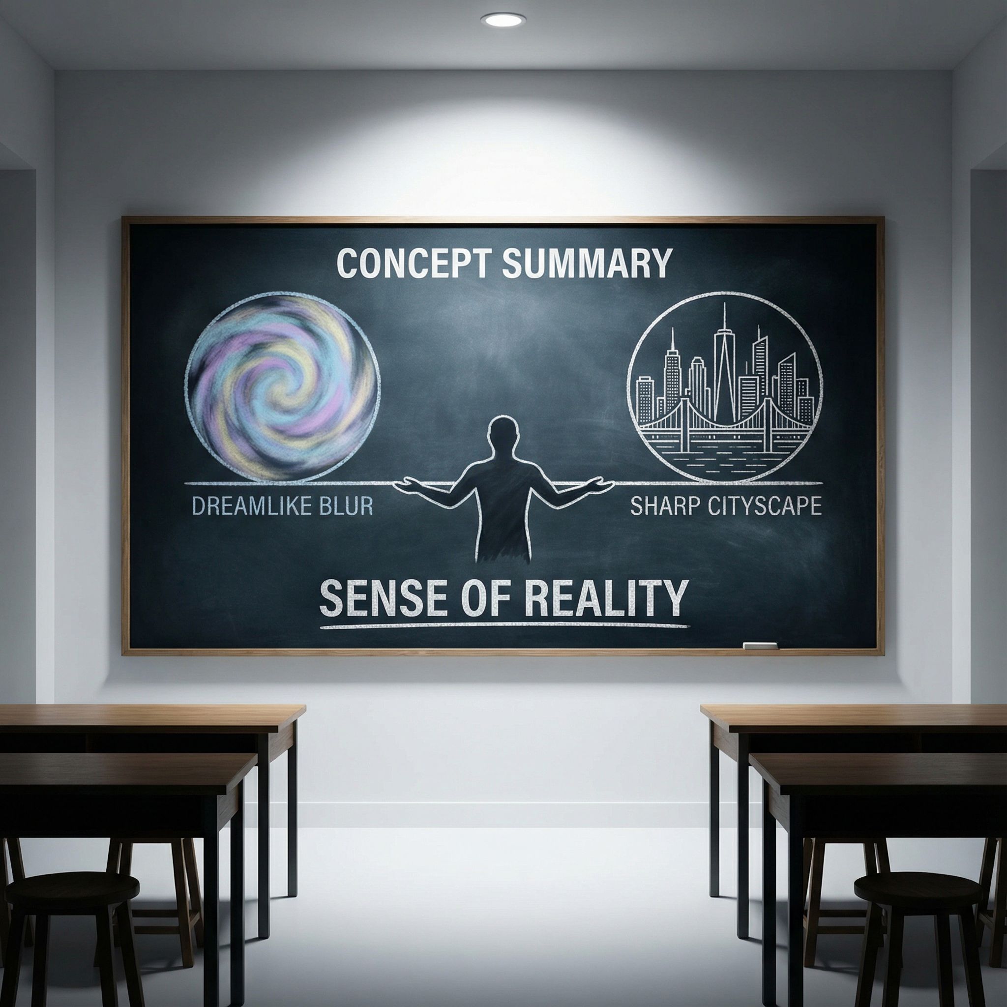 콘셉트 요약 칠판에 사람 실루엣이 흐릿한 꿈과 선명한 도시를 양손에 저울처럼 든 모습이다