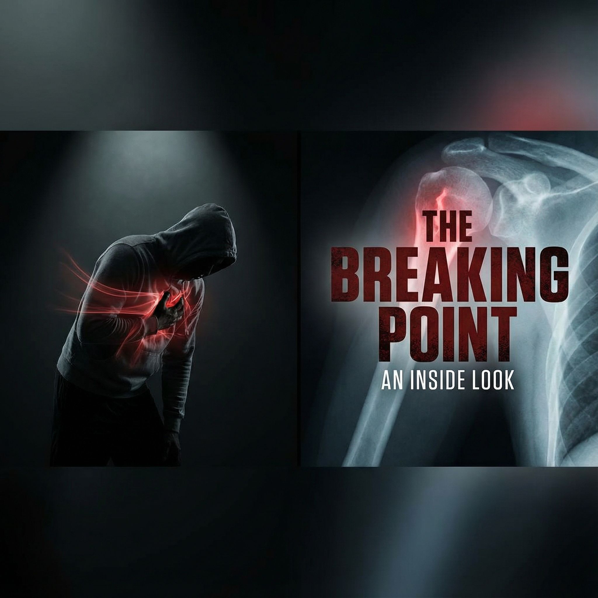 어두운 배경에 패배한 선수가 가슴을 움켜쥐고, 붉은 통증선과 부상 장면이 분할 화면으로 보이는 모습이다